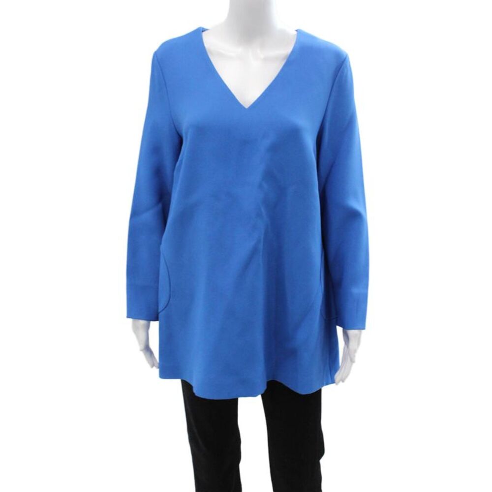 Lisa Perry Women Blue V-Neck Tunic Blouse Long Sleeve Zip Size 10